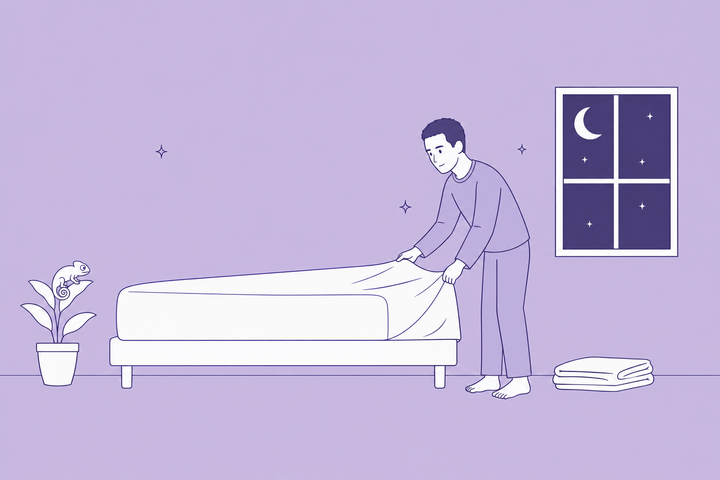 Man trekt een nieuwe hoes om een matras, naast een plantje