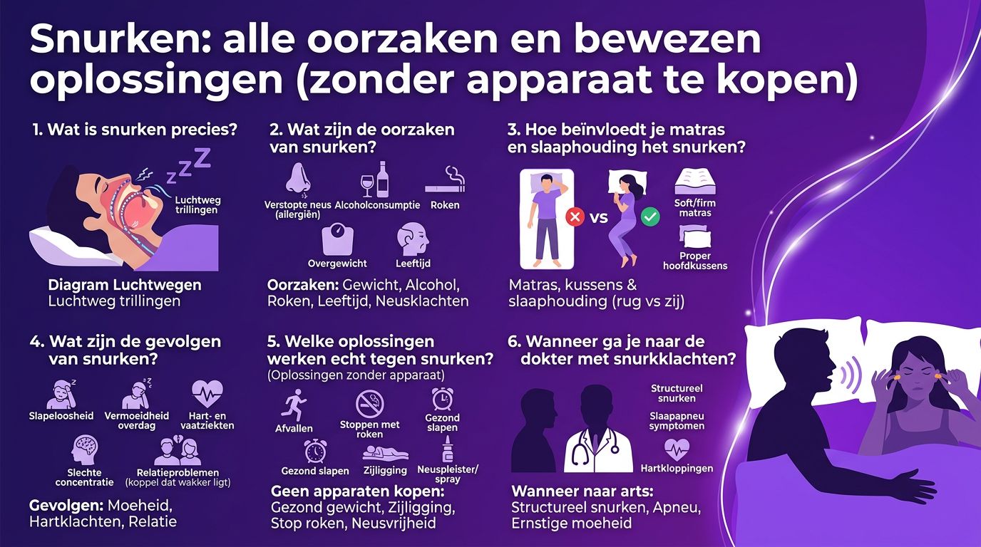 Snurken: alle oorzaken en bewezen oplossingen (zonder apparaat te kopen)