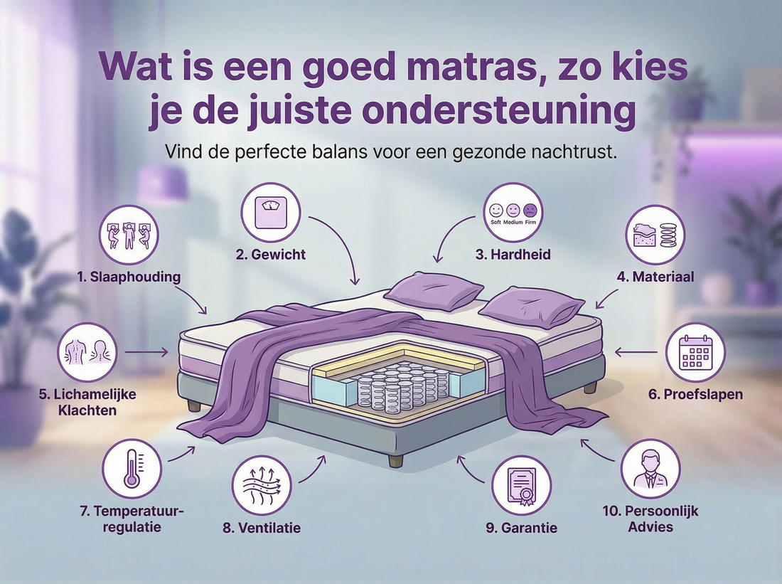 Infographic met zaken die belangrijk zijn om het juiste matras voor de juiste ondersteuning te vinden